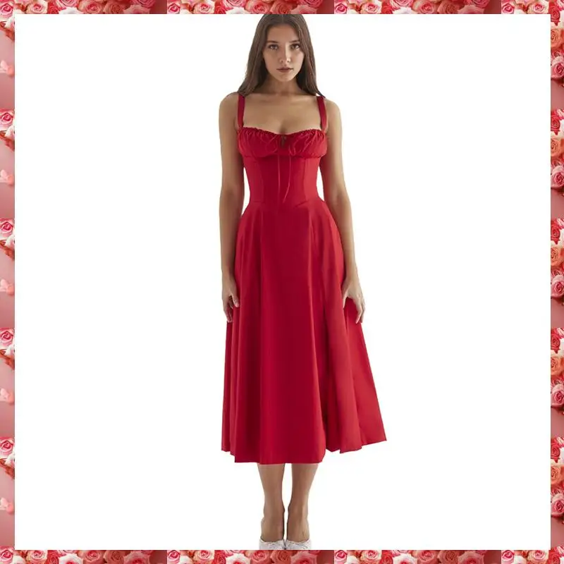 Women's Summer Midi Corset Boho Dresses Casual Spaghetti Straps Lace Up Dress Flowy Aline Beach Sundress