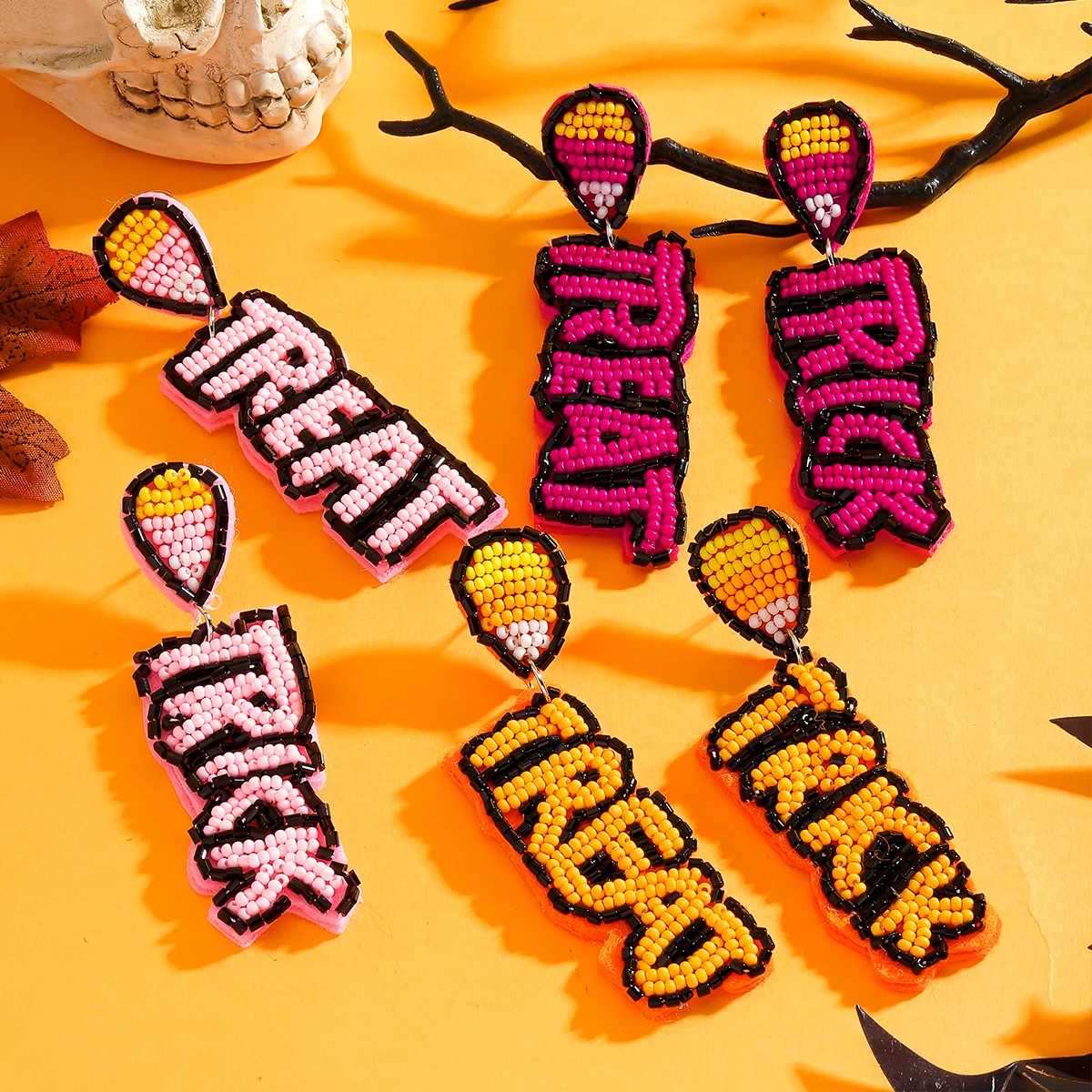 

Halloween Treat Trick Dangle Earrings For Women Bohemia Handmade Rice Beaded Creative Holiday Jewelry Suitable for Vacation Gift