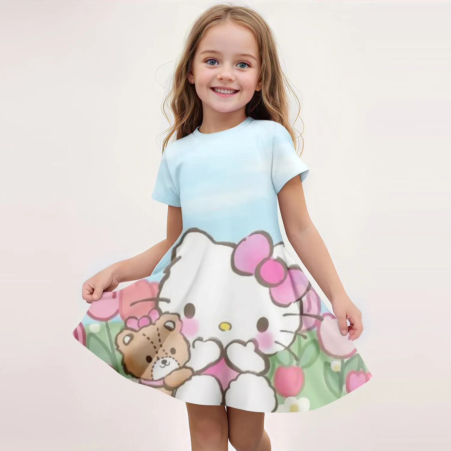 

MINISO New Summer Girls Dress Fashion Cartoon Cute Cinnamoroll &Hello Kitty 3D Printing Dress Kid Short Sleeve Princess Clothing