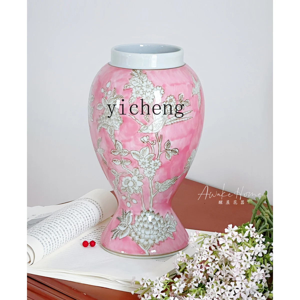 

TWR blue and white hand-painted flower and bird pink and purple ceramic vase French pastoral flower arrangement ornament