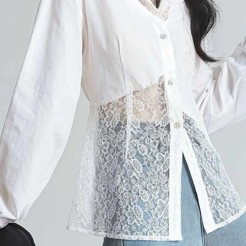 Koronkowe ażurowe bluzki damskie wiosna jesień długi rękaw patchworkowa seksowna bluzka francuska elegancka luźna codzienna szykowna biała koszula damska