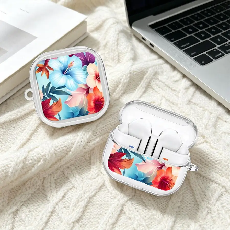 Case For Samsung Galaxy Buds 2Pro 4Pro 3Pro 2 Live 3 FE 4 Pro Clear Earphone Cases Cover With Hook Tropical Lily Flower Pattern