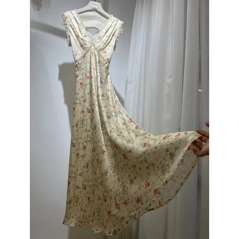 

Beige Floral Print Sleeveless Backless Lace Patchwork V Neck Midi Dress 2025