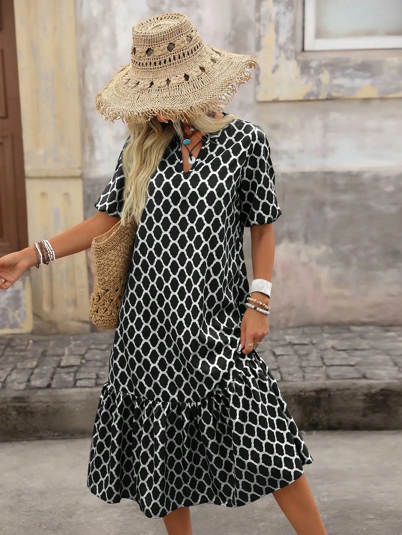 

Black And Pink Geometric Print Short Sleeve Midi Dress With V-Neck, Tiered Ruffle Hem For Summer Boho