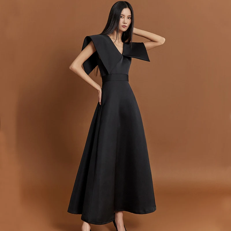 Spring Summer 2024 Korean Style Commute Turn-down Collar OL Simple Long Waist-cinched A-line Dress Maxi Skirt