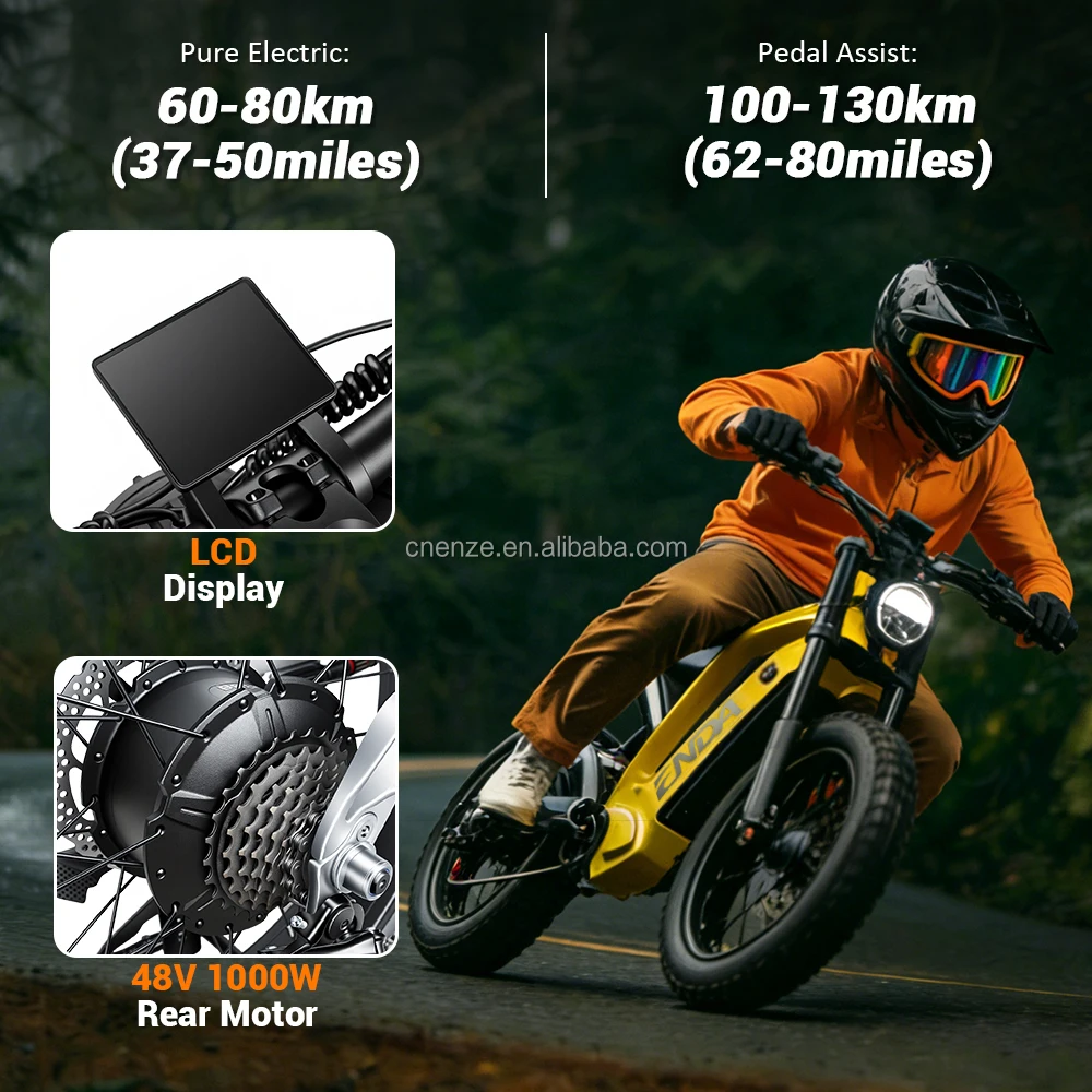 Cafe Racer Style Moped Ebike 1000W 20 Inch Fat Tire Electric Bicycle  Aluminum Frame Brake Light Mini Bike Dropshipping