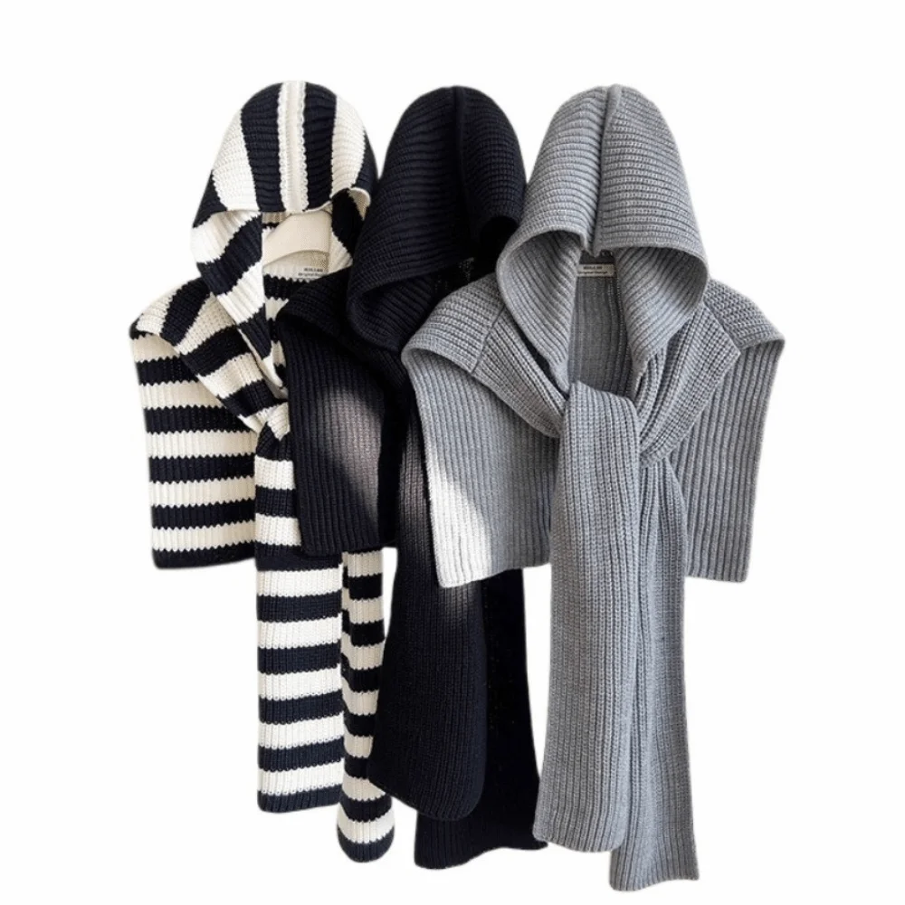 Scarf Oversized Knit Cape Shawl Warm Knitted Hooded Shawl Thick Blanket Striped Loose Poncho Women