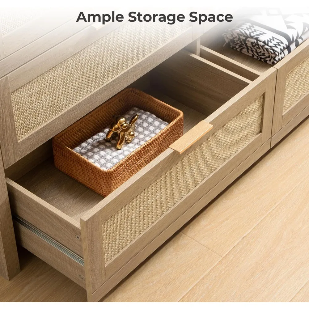 Large Boho Style 7-Drawer Rattan Dresser with TV Stand for Bedroom