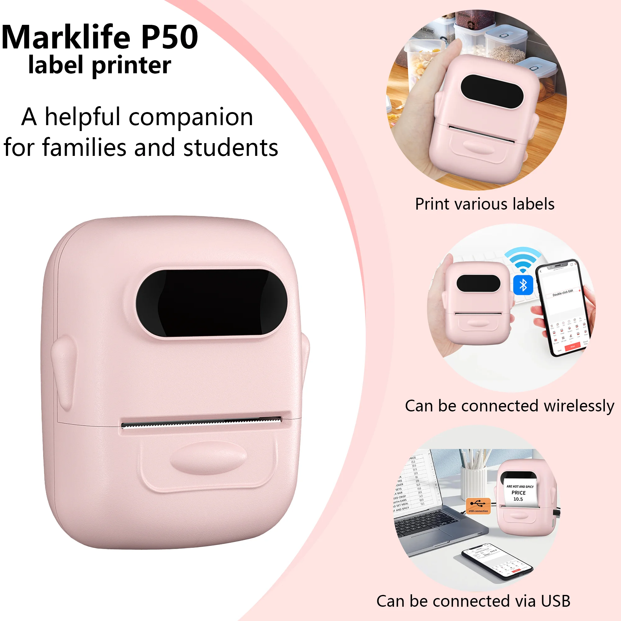 Marklife B21 B1 P50 طابعة ملصقات بلوتوث وردية طابعة حرارية لاسلكية عالية الدقة للمكتب والمطبخ والمدرسة للهدايا/إبداعية ذاتية الصنع
