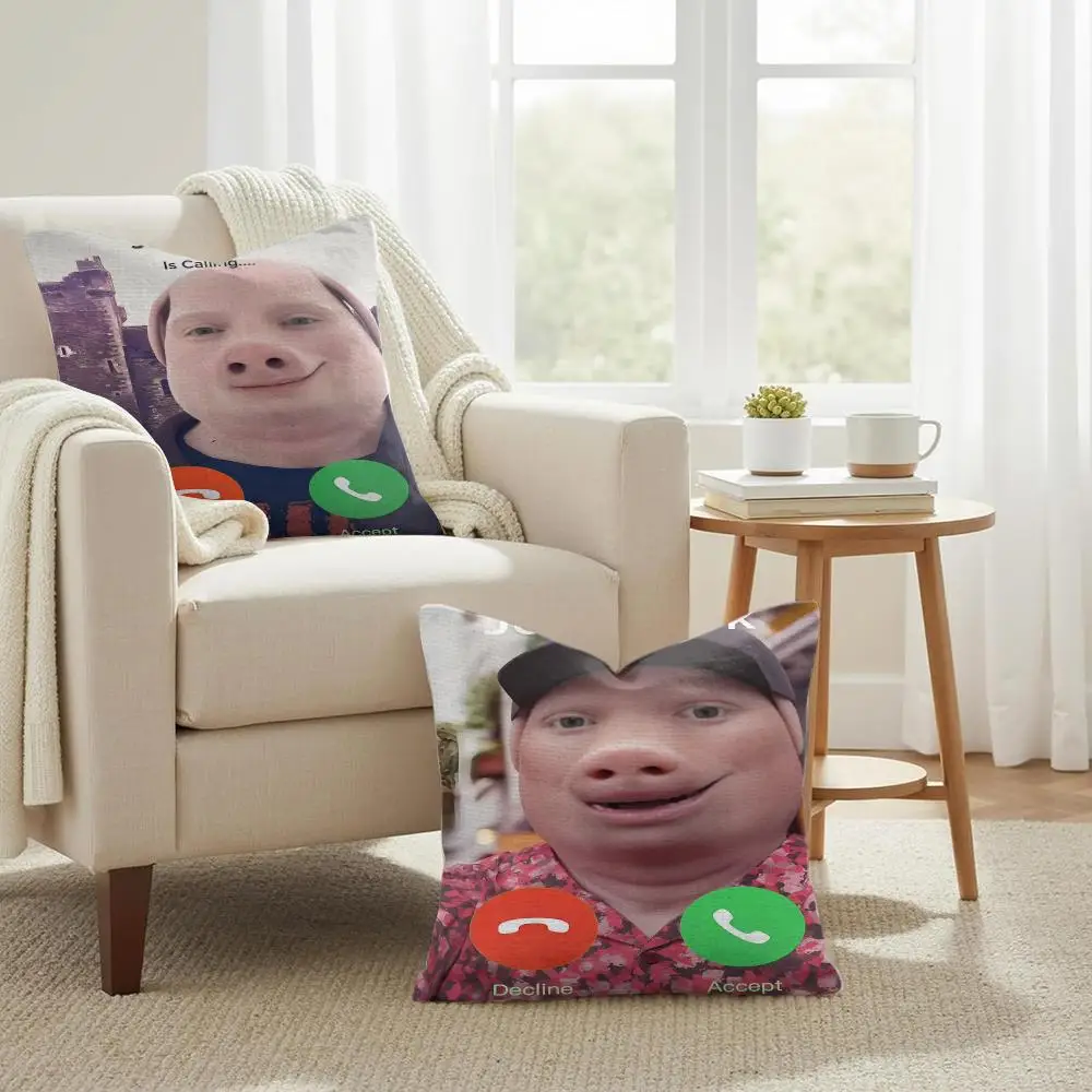 John Pork Is Calling Funny Cushion Cover Natural Linen Organic Fabric Double-Sided Printing Sofa Home Decor Gift Pillow Case