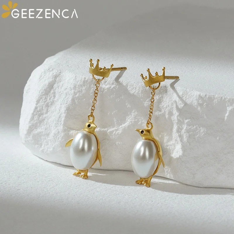 925 Sterling Silver Pearl Emperor Penguin Dangle Earrings