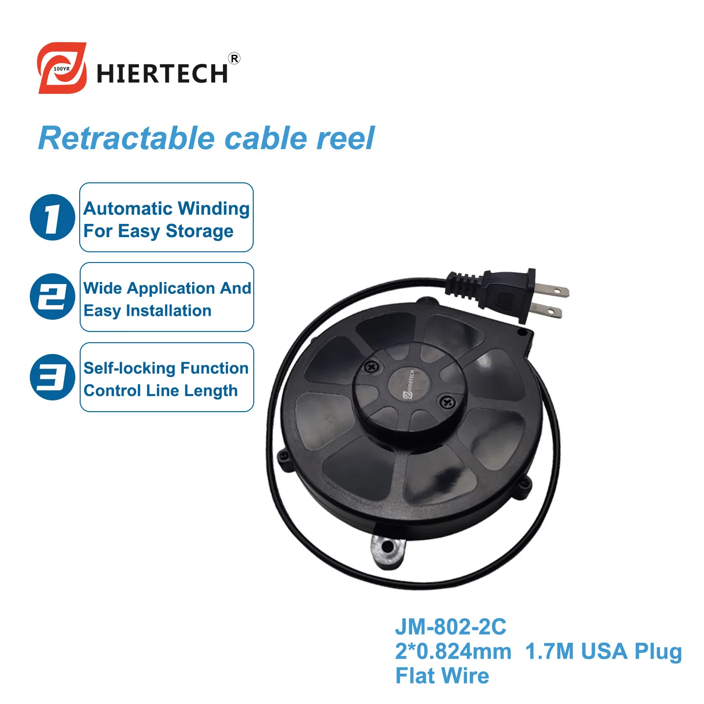 HIERTECH Black 2-Core 1.7-Meter Power Cable with Spool for Smart Equipment, Electric Rail, and Voice-Controlled Lights