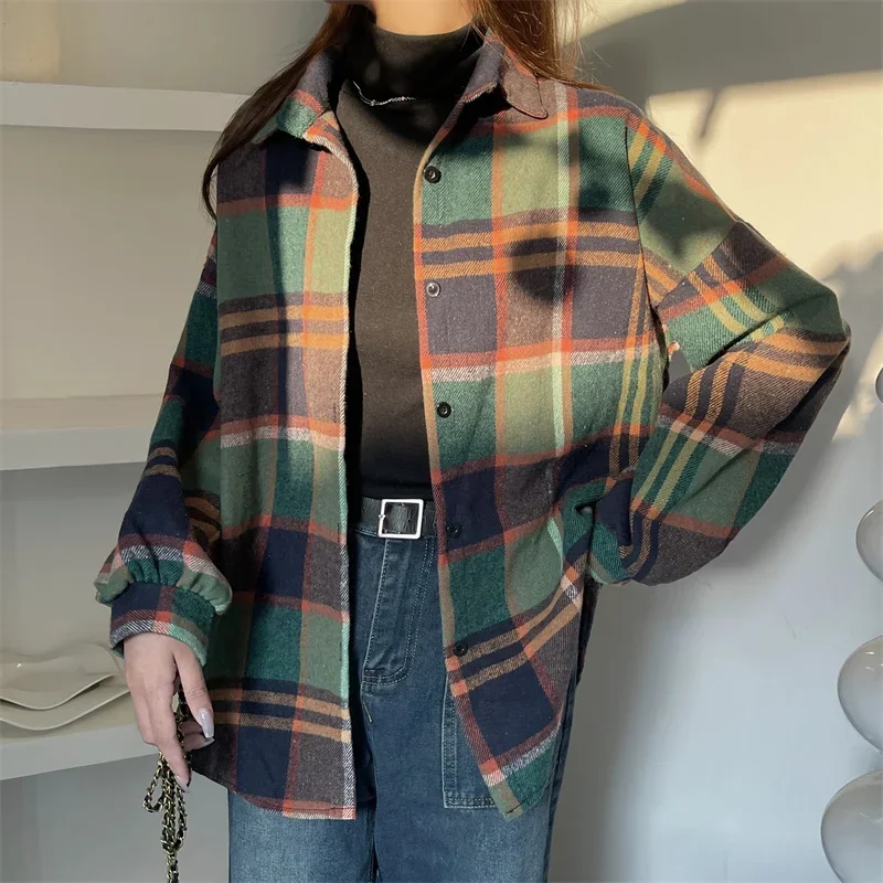 Aossviao 2025 engrossado lã xadrez camisa feminina solta meados de comprimento outono inverno nova blusa versátil botão na moda outerwear