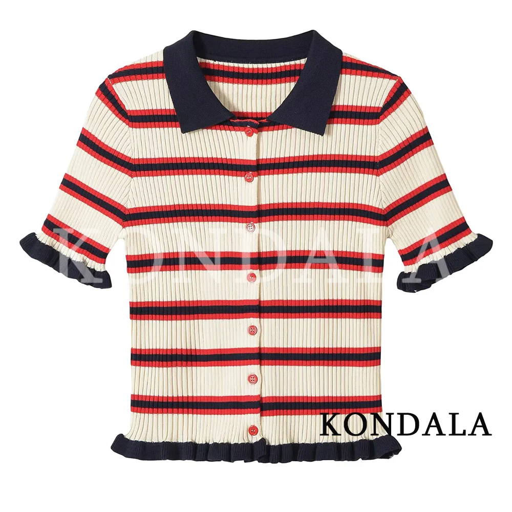 Polo Shirt Slim - KONDALA Women Vintage Casual Stripe Polo
