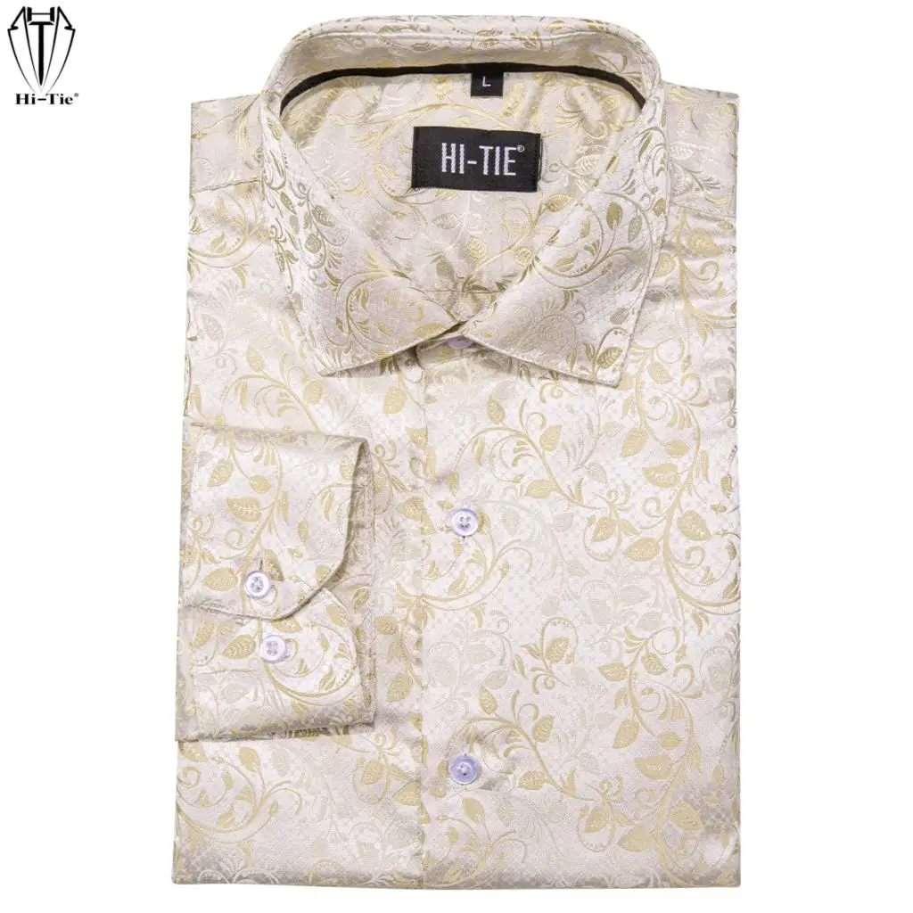 

Hi-Tie Designer Beige Silk Mens Shirts Lapel Long Sleeve Social Shirt Jacquard Floral Male Blouse Stylish Wedding Business Gift