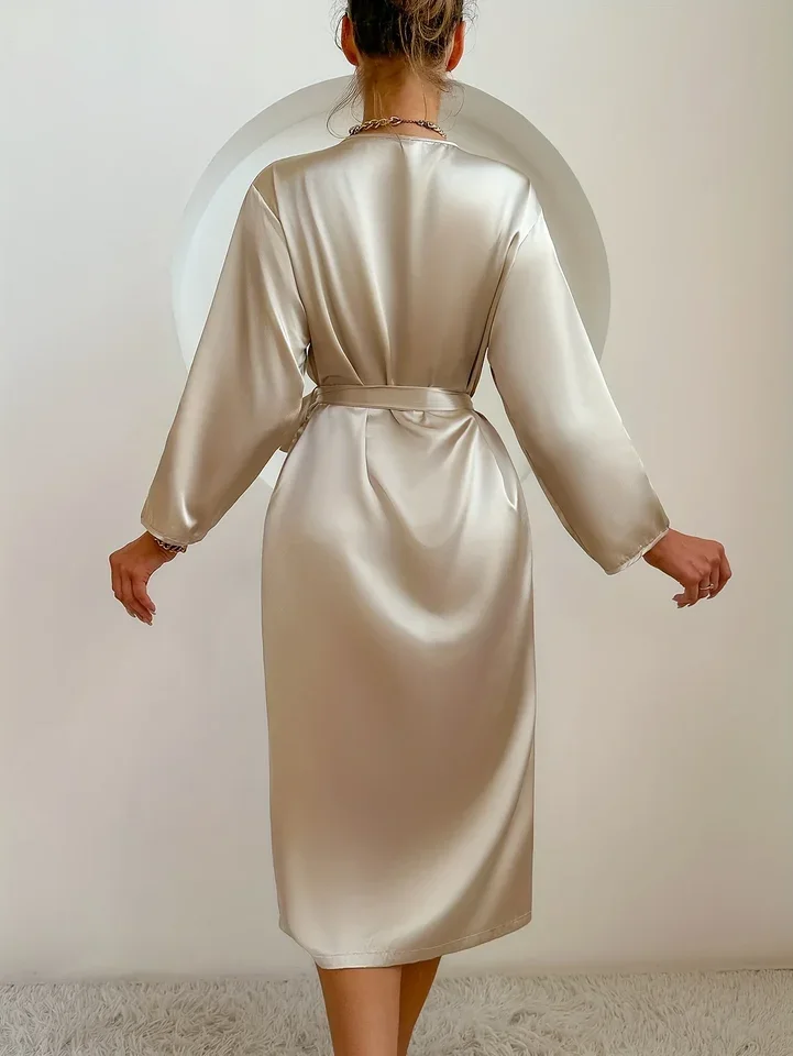 1 Piece of Women's Pure Color Satin Silk Pajamas, Elegant and Romantic Nightgown with Belt, Silky and Comfortable Bathrobe