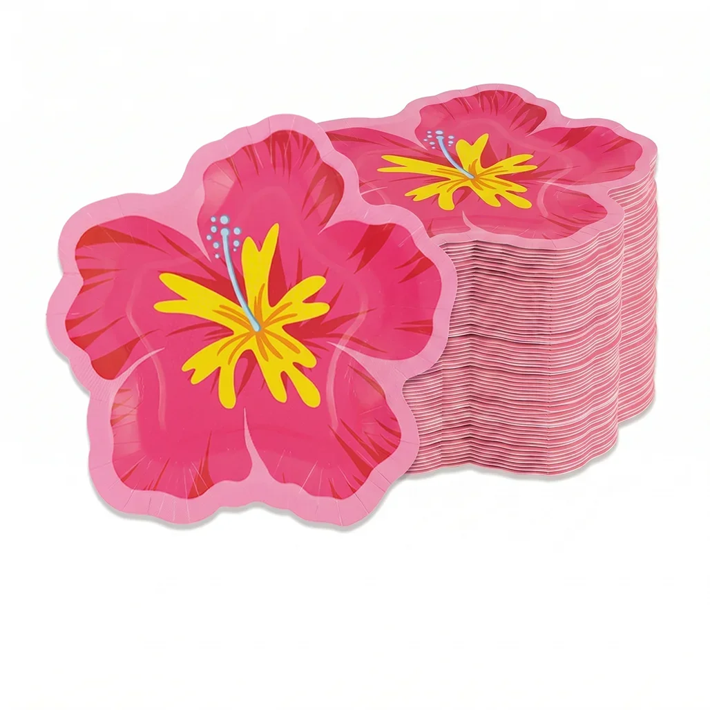 Hibiskusblütenförmige Pappteller, hawaiianische Luau-Partyartikel, tropisches Partygeschirr, Einweg-Dessertgeschirr für Sommergeburtstage – Detail 5