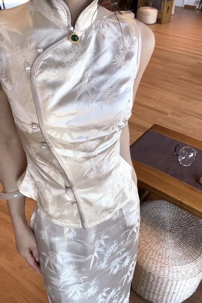 

Summer Qipao Style Set Slim Fit Chinese Blouse & Flowy Skirt Women's Elegant Oriental Two Piece Outfit Breathable Linen Dress