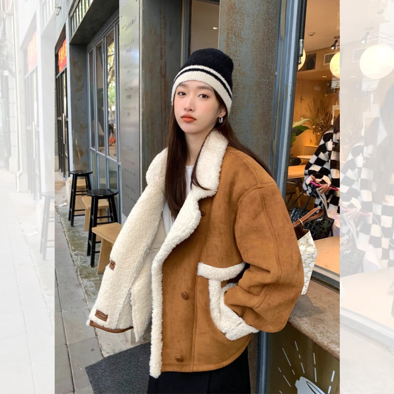 

Lamb Fur Jaet Women's ort Thiened Floing Leather eepskin Coat Autumn High-End Feel Collar Button Closure Long ...