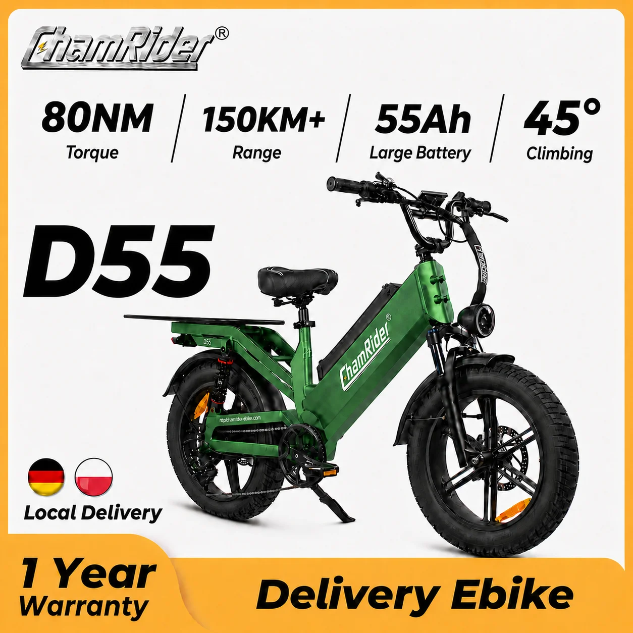 Электровелосипед ChamRider D55 для доставки еды и грузов, 48В 55Ач, большой запас хода 150+ км, электрический велосипед с толстыми шинами 20×4.0, гидравлические дисковые тормоза, 7 скоростей