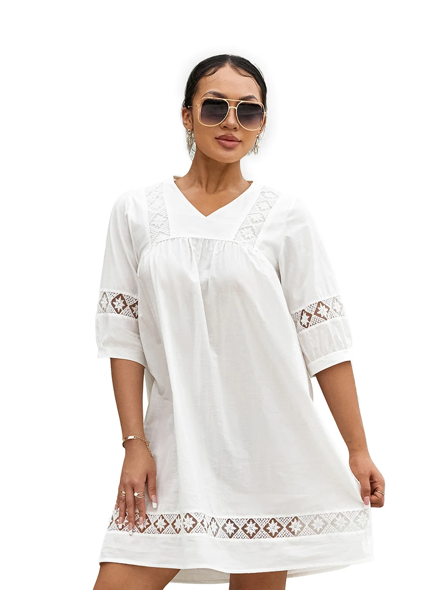 Women s Summer Mini Dress Bohemian Half Sleeve V Neck Solid Color Flowy Tunic Dress