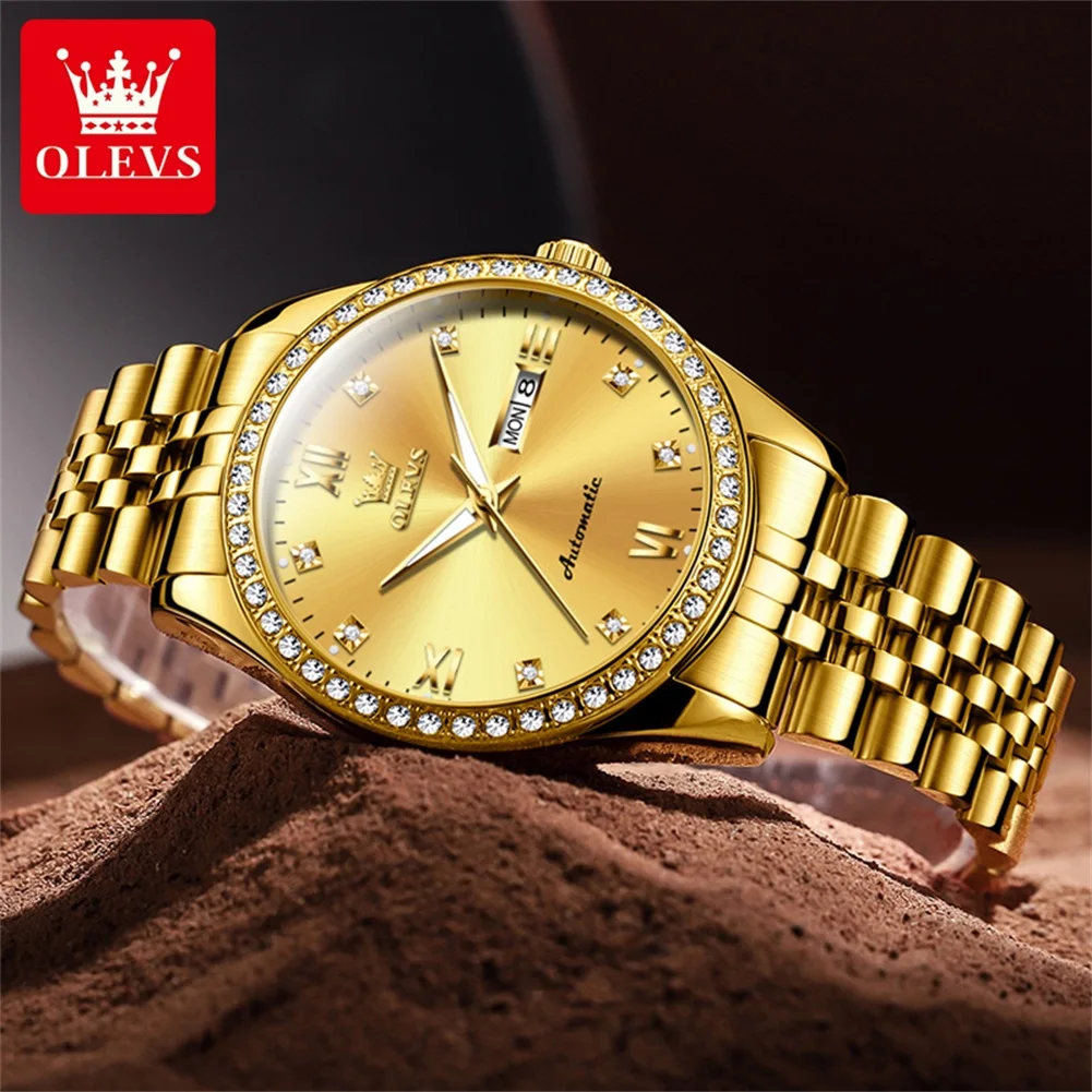 OLEVS 7012 Top Original Mechanical Watch for Men Luxury Diamond Lap Dual Calendar Classic Bussiness Men\'s Automatic Wristwatches