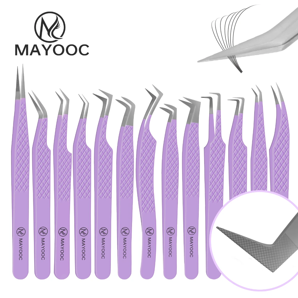 MAYOOC-Fiber Dica Pestana Extensão Pinças, aço inoxidável, Superhard Precision, Anti-Static, Nail Art, Ferramentas de maquiagem, logotipo personalizado