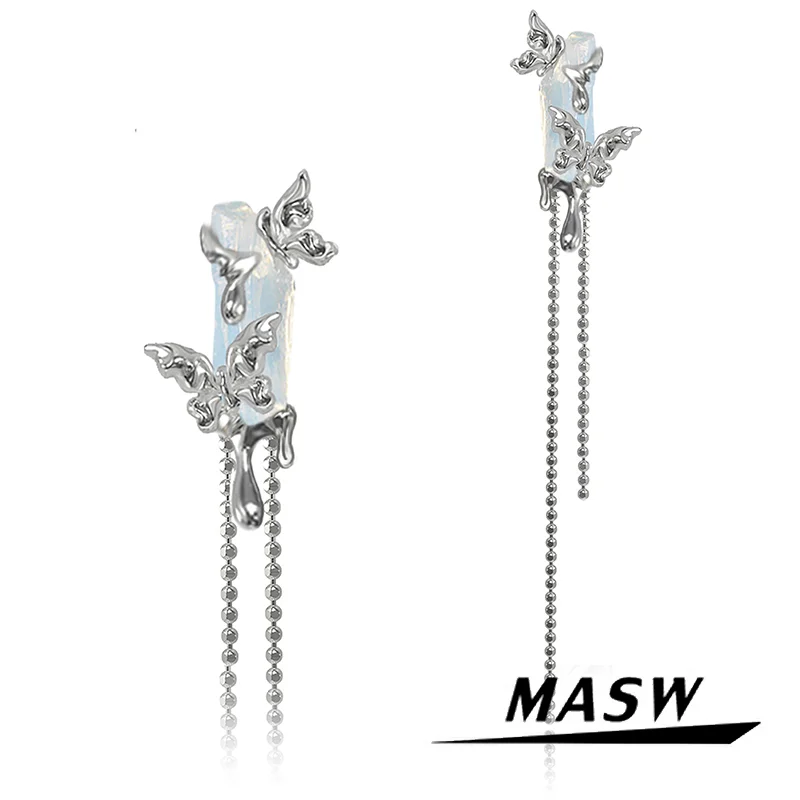 

MASW Original Design Luxury Jewelry Thick Silver Color Blue Glass Butterfly Tassel Earrings For Women Girl Party Gift 2023 New