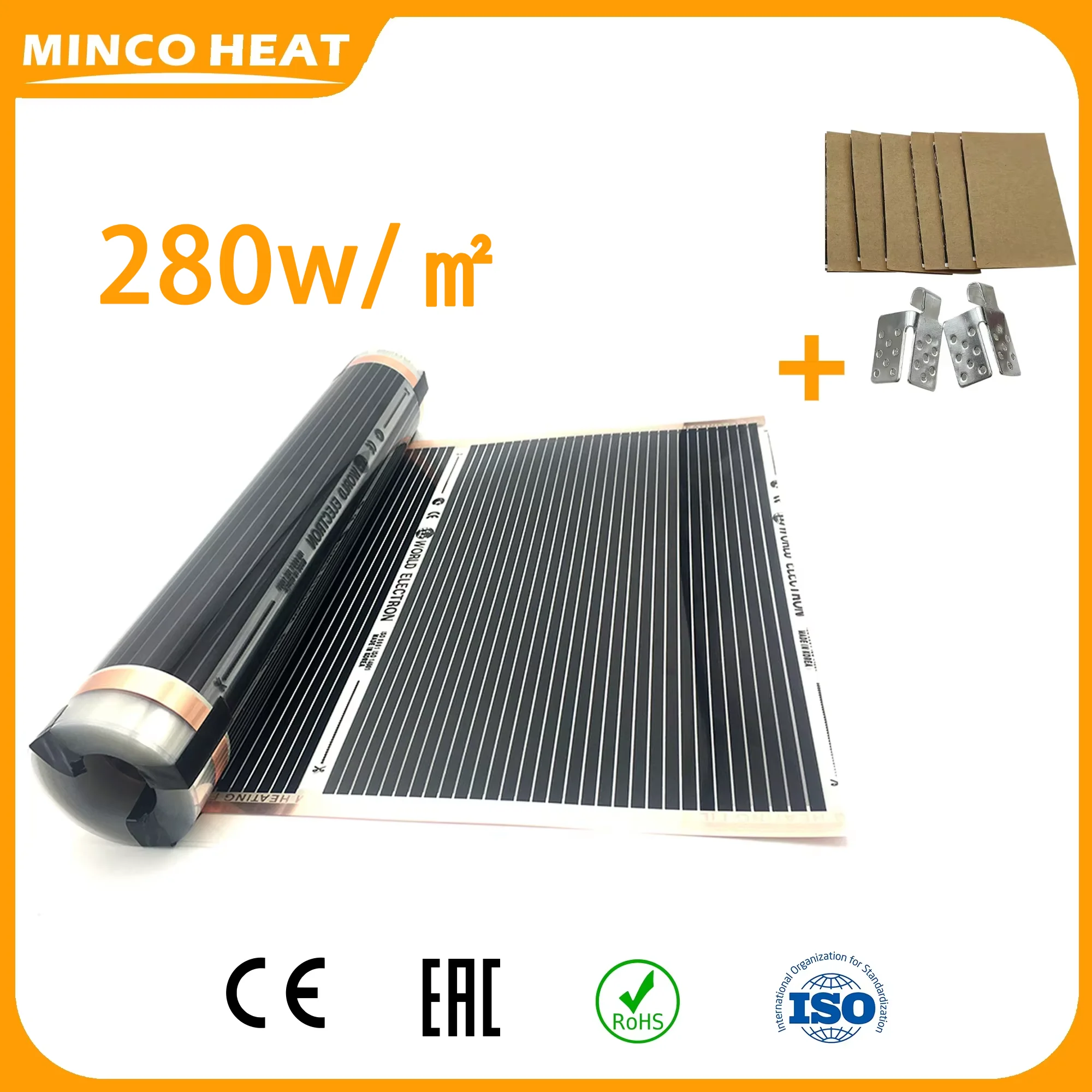 Minco Heat 50cm Width 280W/㎡ 0.5~4㎡ Far Infrared Carbon Fiber Underfloor Heating Film Mat with Clamps Insulation Pastes Kits