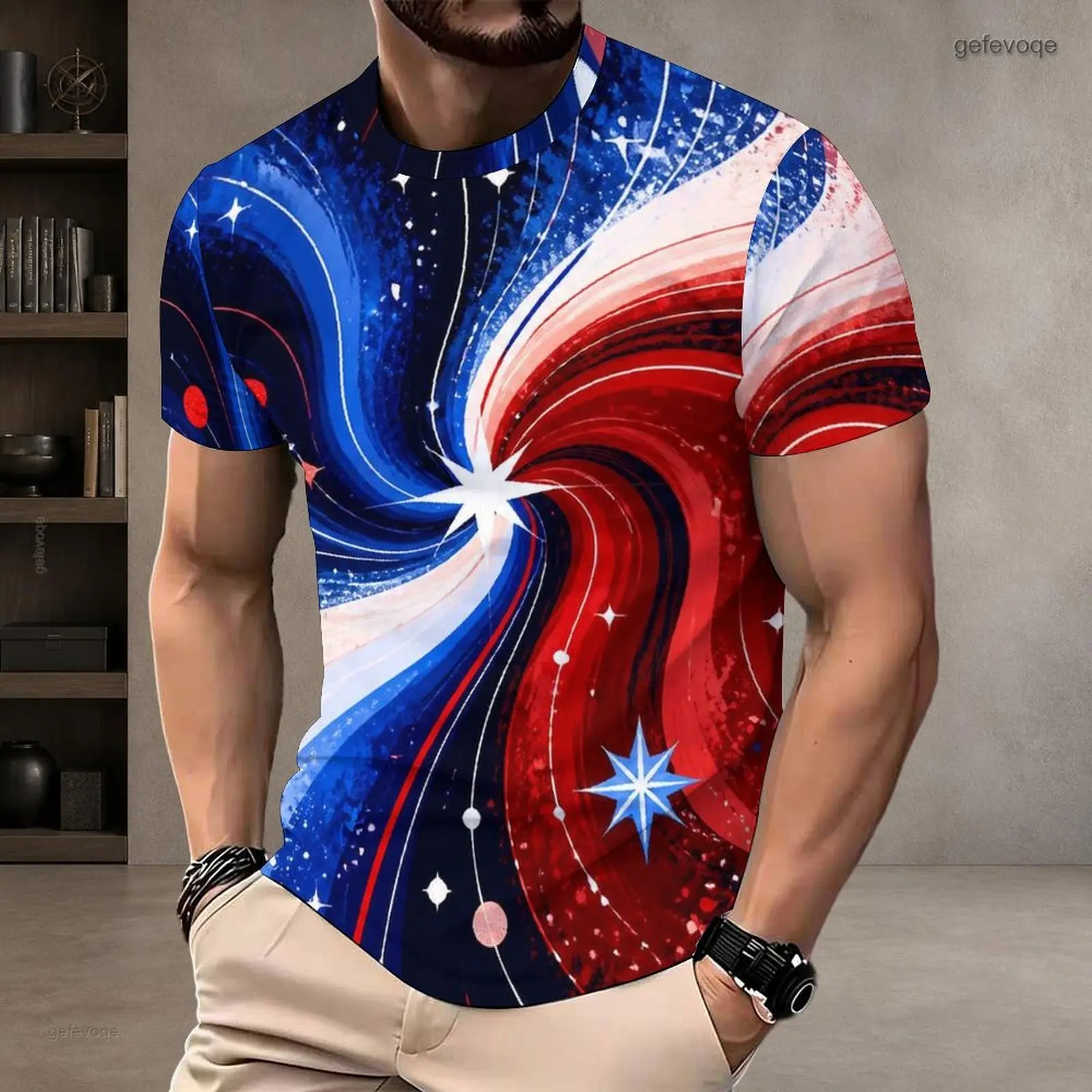 Men Round Neck Short Sleeve T-Shirt, Red Blue White Swirl Spiral Star Cosmic Printed Top