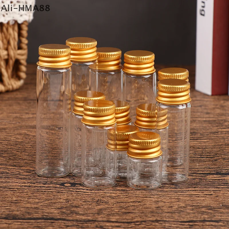 Ali-HMA88-10Pieces 5ml/7ml/10ml/14ml/18ml/20ml Glass Bottles With Aluminium Lids Small Mini Glass Jars 6 Sizes U-pick