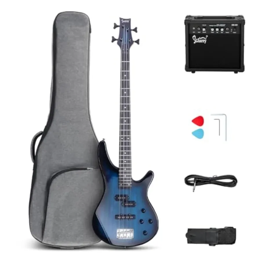 

Beginner electric bass guitar kit for practice and performance: solid body, dark blue finish, includes 20W amp, gig bag backpac