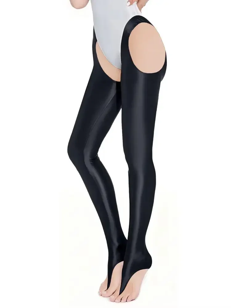 New Hollow Out Glossy Shiny Nylon Gym Fitness Pants Crotchless Tights Legging Elastic Trousers Pantalon Spodnie Collant Capris