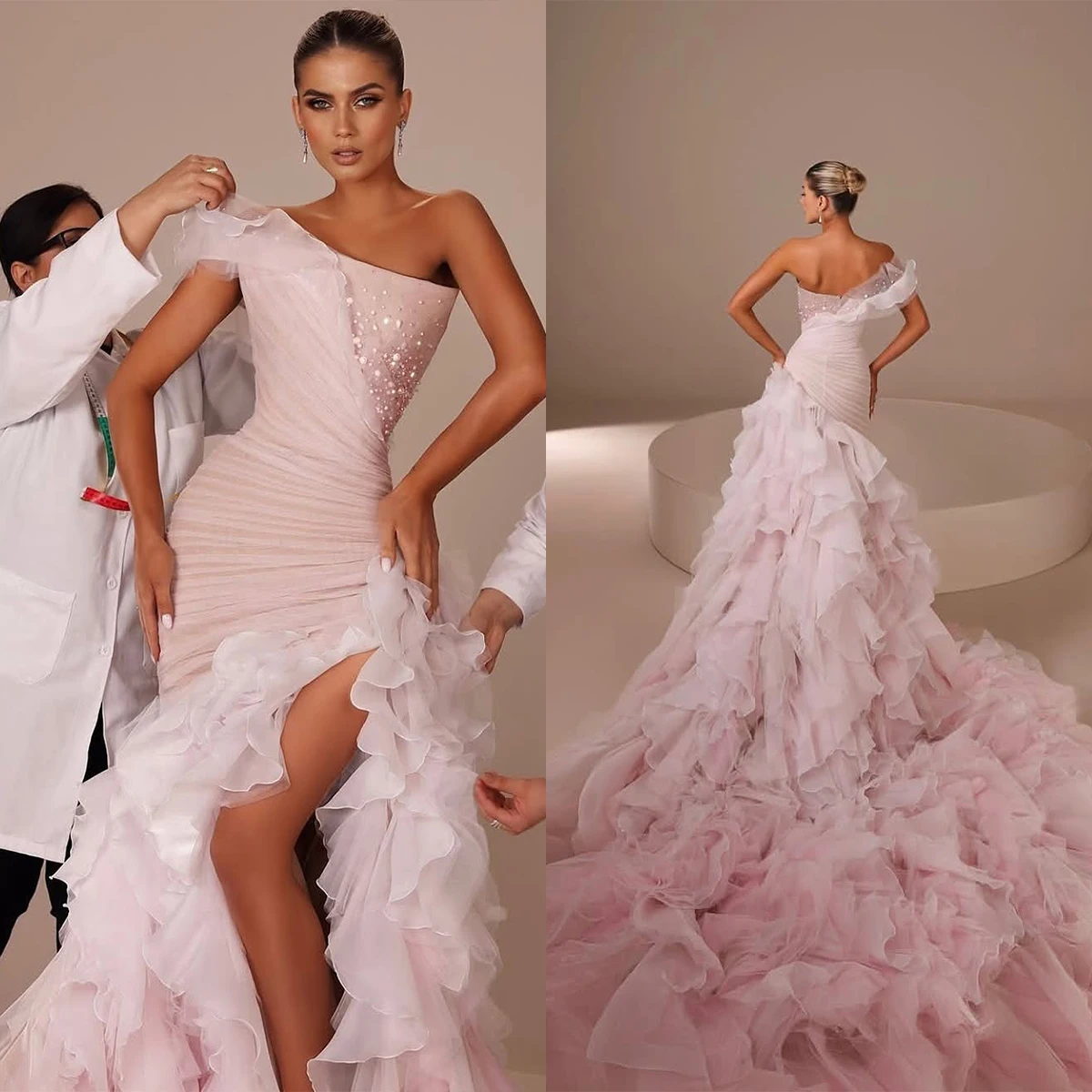 럭셔리 머메이드 이브닝 드레스 원숄더 사이드 슬릿 백리스 프롬 파티 가운 맞춤형 스윕 트레인 로브 사진 촬영용