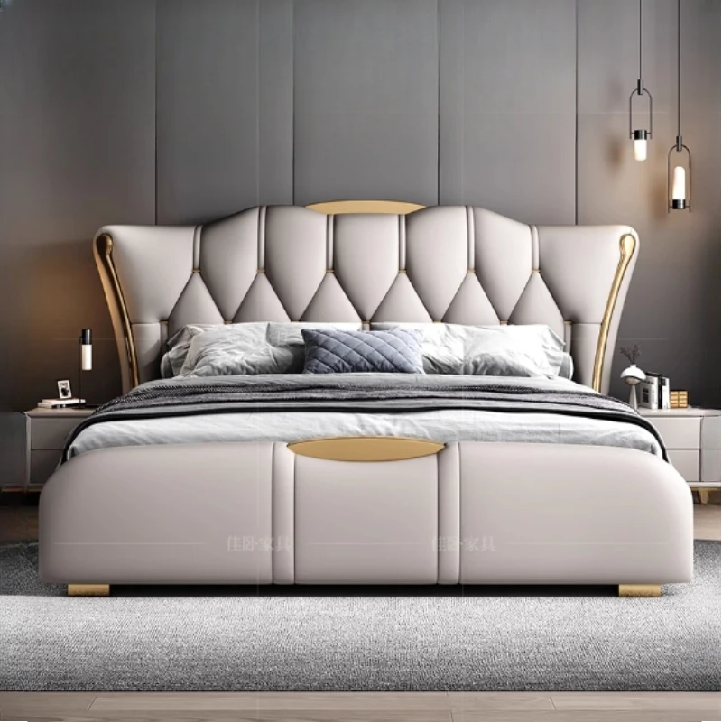 Frame Leather Double Bed Luxury King Size Queen Full Double Bed Twin Lit Wooden Modern Letto Matrimoniale Bedroom Furniture