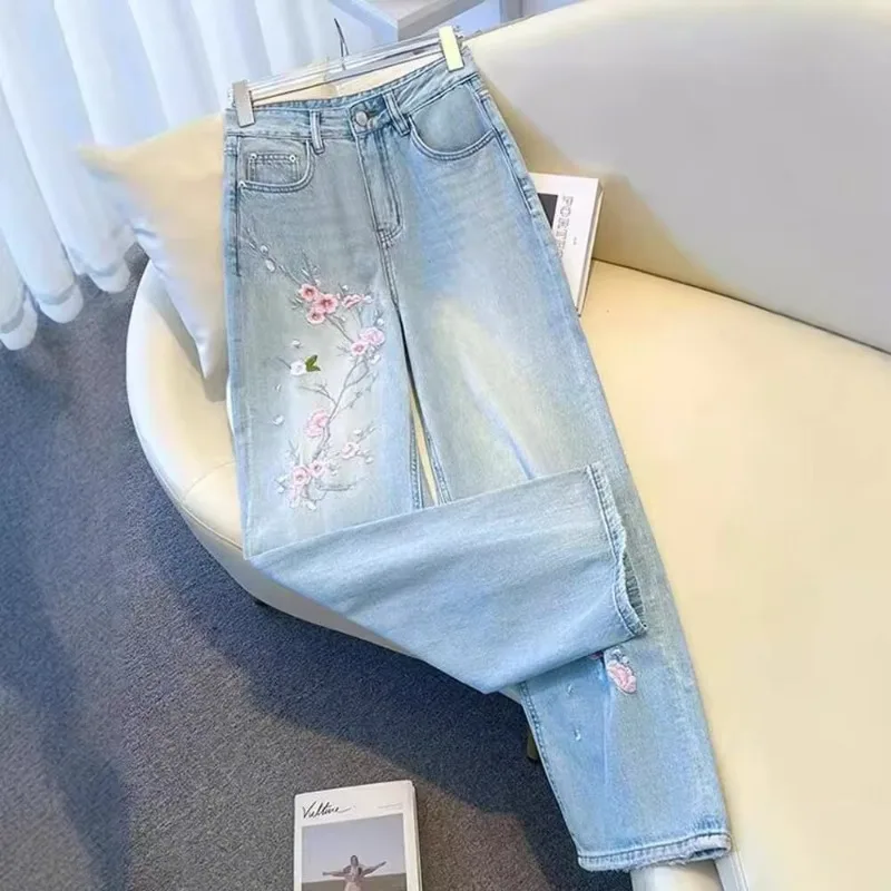 2026 Vintage Embroidery Jeans Women's Washed Denim Straight Trousers Spring Summer High-waisted Casual Pants Loose Student Jeans