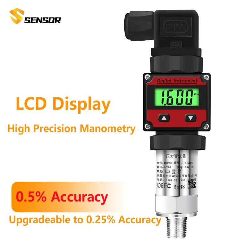 Pressure Transmitter Sensor LCD Display Splay G1/4 24V 4-20mA 0.2% 0-600bar Optional Pressure Transducer