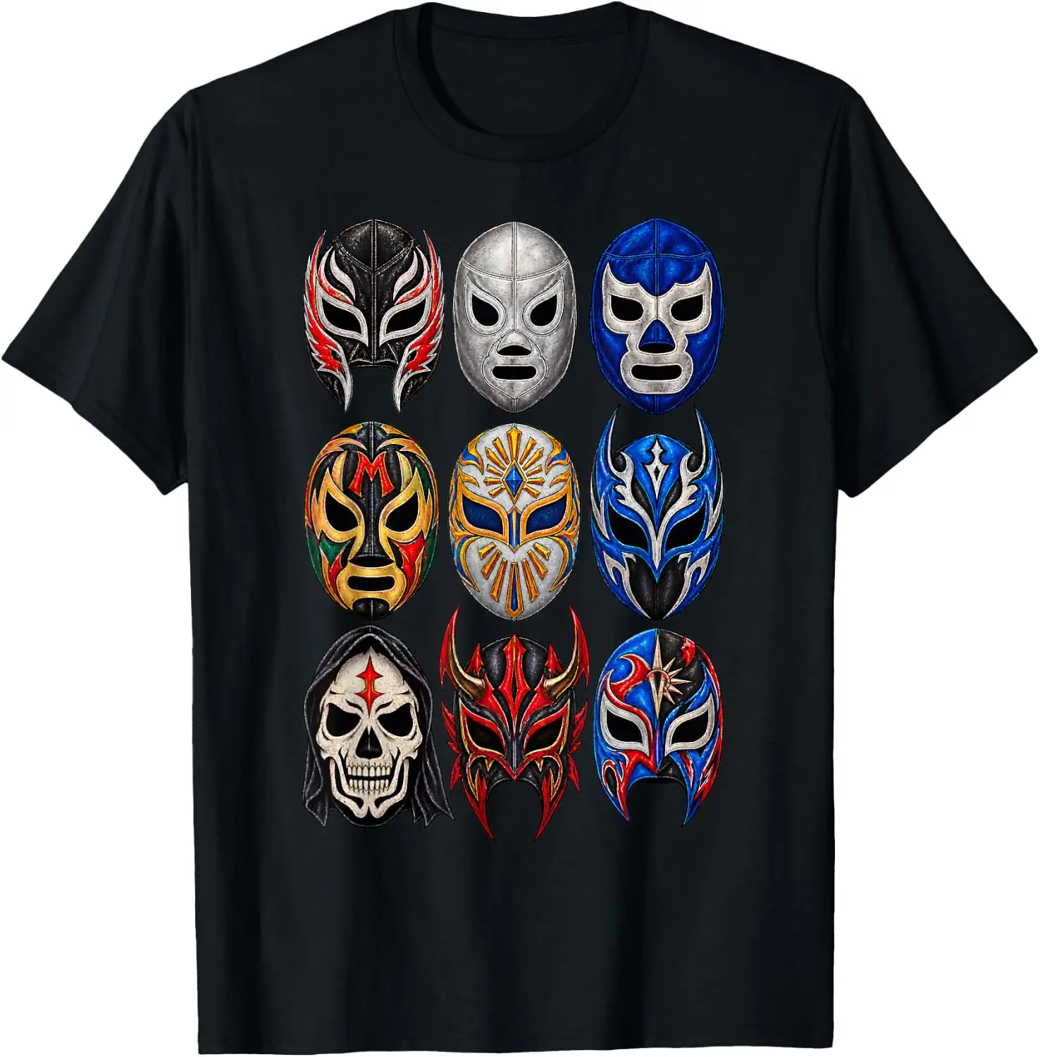 Lucha Libre Wrestling Masks Realistic Mexican Luchador Fan T-Shirt Men Women Unisex Novelty Graphic T‑Shirt, Classic Crew Neck 100% Cotton Tee, Lightweight Anti‑Pilling Breathable Casual Tops, Year‑Round Daily Outfit, Holiday Birthday Present Tee