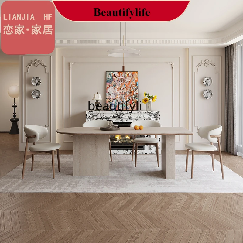 

G1218 Medieval French full travertine rock slab hemming dining table table island table semicircle