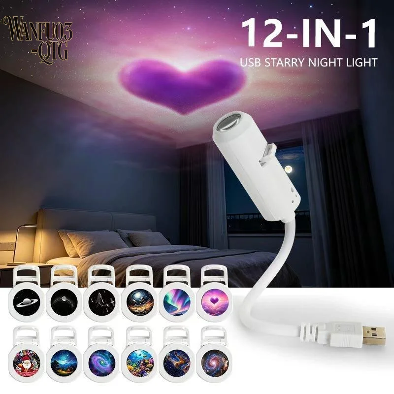 USB Starry Sky Projector Lamp 360° Rotatable Flexible Hose Planet Galaxy Projection Light With 3/6/12/24Pcs Film Slides Bedroom