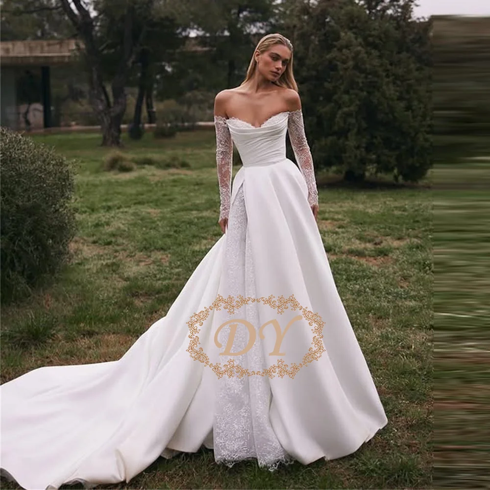DY Trendy Wedding Dresses for Women Off the Shoulder Appliques A-line Lace up Court Train Vestido De Casamento Customized