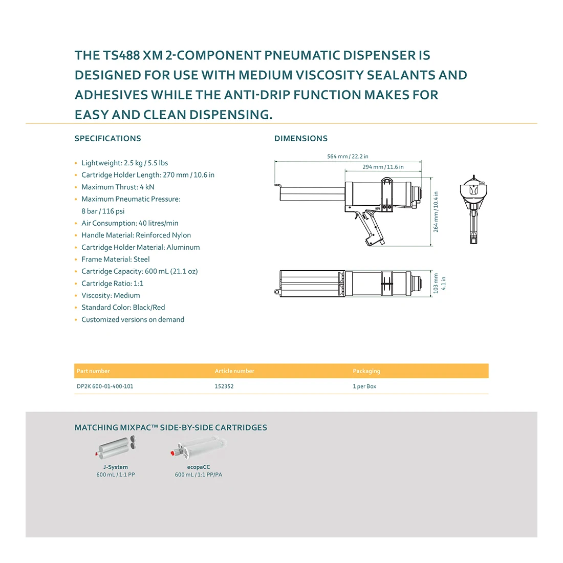 Sulzer-Distribuidores pneumáticos MK, TS 488XM, 2 componentes, 600ml, 1:1