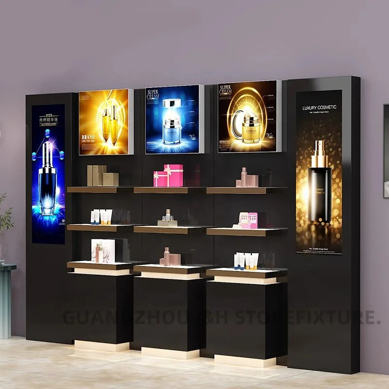 

customized.Luxury Custom Perfume Showcase Cabinet Wooden Cosmetics Product Stand Display Rack Perfume Kiosk Stand Mall