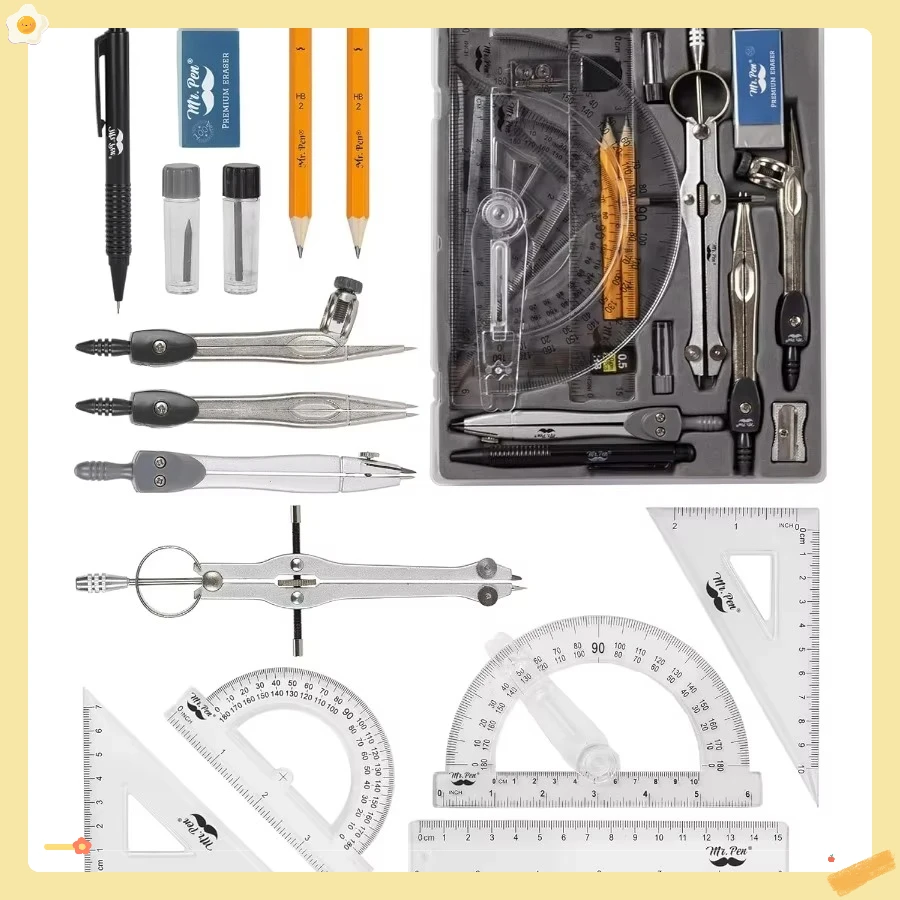 15-Piece Geometry Set with 6-Inch Protractor, Compass, Ruler for Students - Back to School Supplies