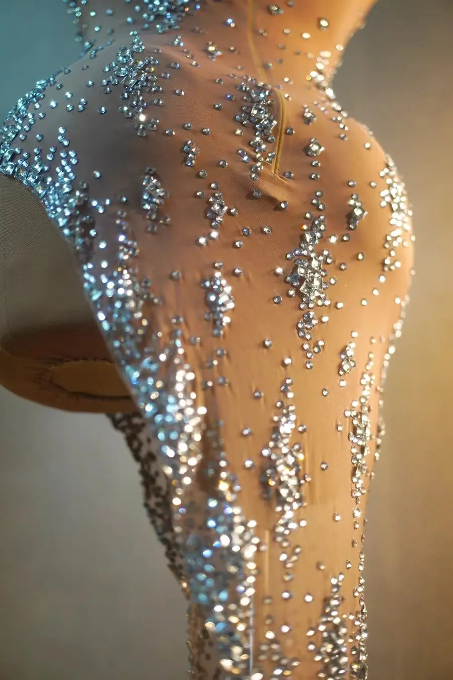 Luxury Diamonds Sexy See-Through DeepV-neck Slit Sheath Dress Evening Party Performance Costume Nightclub Singer B205