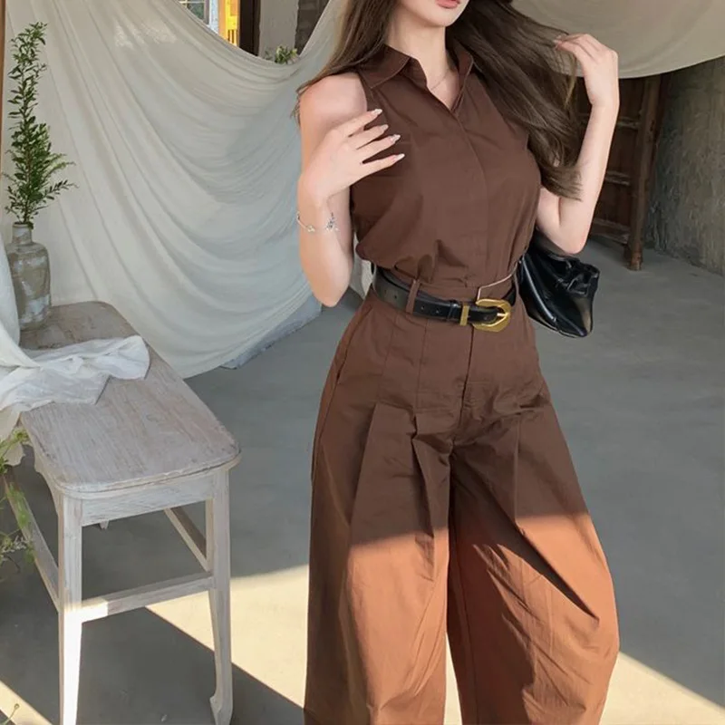 

Summer brown polo collar sleeveless shirt casual wide leg pants set