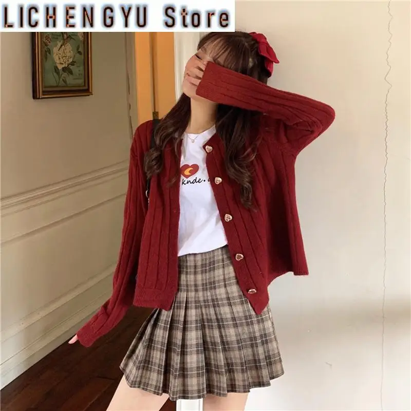 New Woman Sweaters Knitted Cardigan Winter Korean Fashion Cute Heart Buttons Long Sleeve Burgundy Red White Sweater Tops