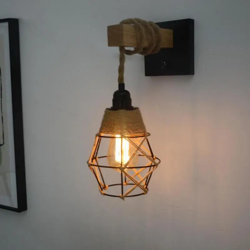 Industrial E27 Rope Wall Light for hotel Loft Wood Indoor lighting Bedside Aisle Bar terrace veranda deco wall fixture sconce