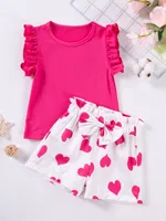 2025 Summer Toddler Girl's Set Solid Color Top + Heart Print Shorts Two Piece Girls Sweet Casual Set Kids Clothes Girls Clothing