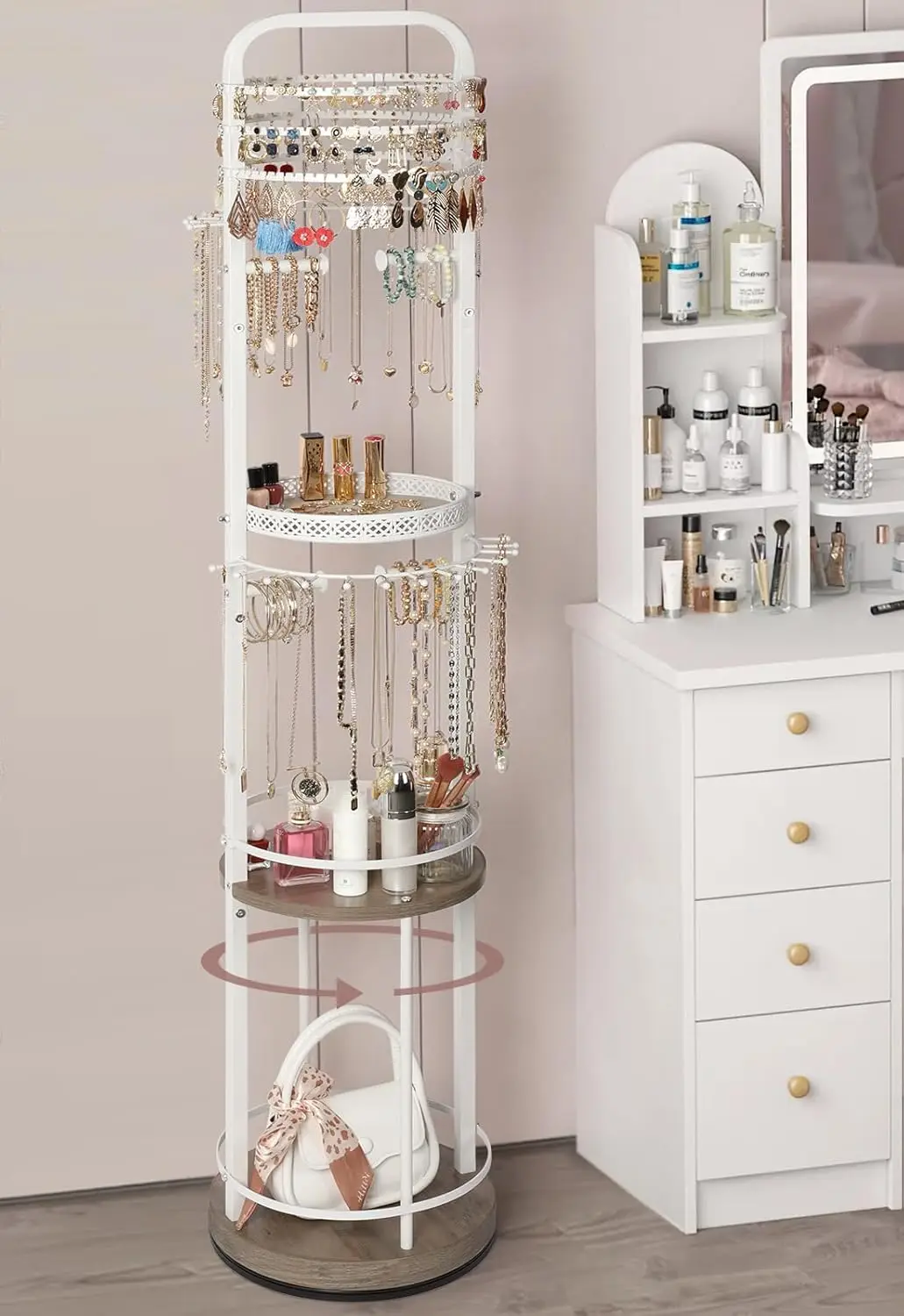 

Rotating Jewelry Organizer Stand with Large Storage for Earrings, Necklaces, Bracelets and Rings